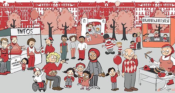 Ein Comic zeigt eine Gruppe aus Kindern und Erwachsenen, wie sie auf dem Nachbarschaftsfest eines Quartiers einen ereignisreichen Tag mit Hüpfburg, Clownsauftritt und Kinderschminken verbringen