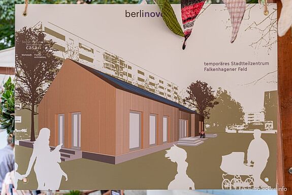 Entwurf des neuen Stadtteilzentrums im Falkenhagener Feld, das im Spätsommer 2024 gebaut wird. (Bild: www.salecker.info)