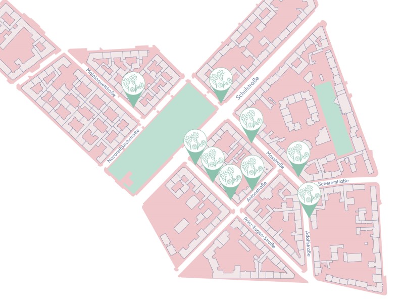 Die Karte zeigt die Standorte der umgesetzten Baumbeete im QM-Gebiet Reinickendorfer Straße / Pankstraße. (Bild: AG.Urban)